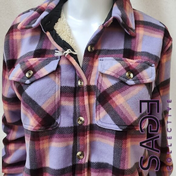 Sage Collective | Women's Long Sleeve Plaid Sherpa Lined Fleece Shacket | NWT - Picture 3 of 5